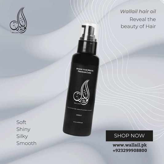 Wallail hair oil. black bottle of Best hair oil for soft shiny silky and smooth hair. 